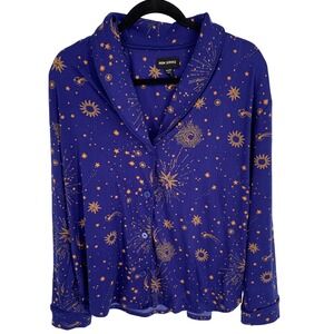 Room Service Celestial Star Moon Print Pajama Top XXL Blue Gold Lounge Shirt
